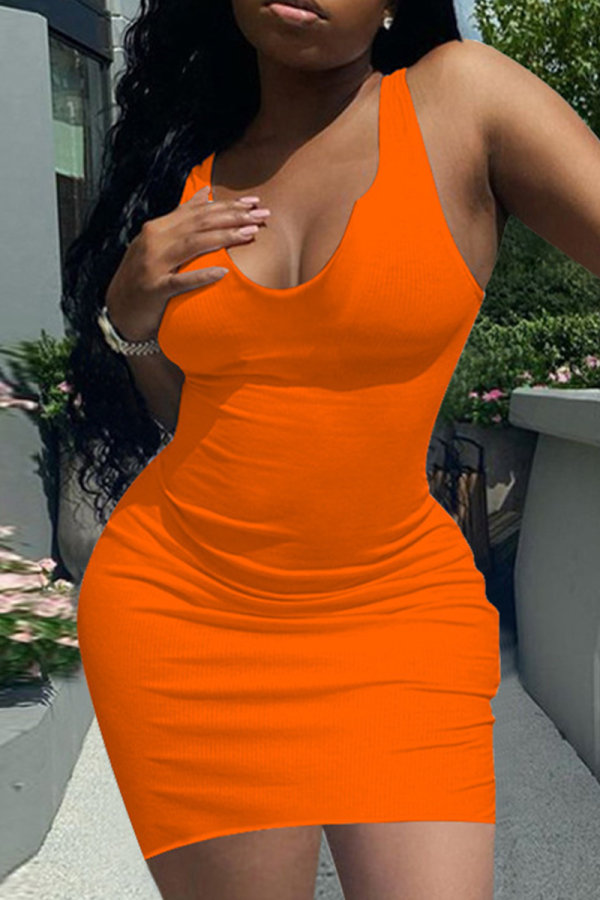 Orange Casual Solid Patchwork U Neck Pencil Skirt Dresses