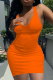 Orange Casual Solid Patchwork U Neck Pencil Skirt Dresses