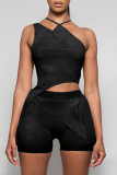 Black Sexy Solid Patchwork Halter Sleeveless Two Pieces