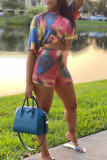 Multi-color Casual Print Patchwork Frenulum O Neck Short Sleeve Two Pieces