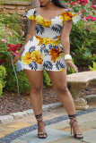 Blue Sexy Print Patchwork V Neck Skinny Rompers