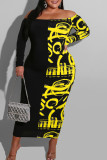 Red Sexy Print Patchwork Off the Shoulder Pencil Skirt Dresses