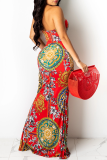 Red Sexy Print High Opening Strapless Trumpet Mermaid Dresses
