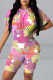 Colour Casual Print Patchwork O Neck Short Sleeve Two Pieces