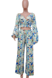Blue Sexy Print Patchwork V Neck Long Sleeve Two Pieces