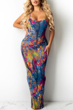 Blue Sexy Print Patchwork Spaghetti Strap Sling Dress Dresses