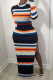 Tangerine Red Casual Striped Slit Half A Turtleneck Irregular Dress Dresses