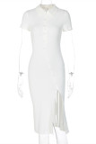 Cream White Fashion Casual Solid Buckle Slit Turndown Collar Short Sleeve Dress