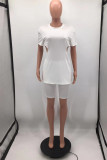 White Fashion Casual Solid Hollowed Out Zipper O Neck Short Sleeve Two Pieces