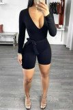 Yellow Fashion Casual Solid Basic V Neck Skinny Long Sleeve Romper