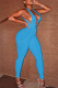 Blue Fashion Sexy Solid Hollowed Out Backless V Neck Skinny Jumpsuits