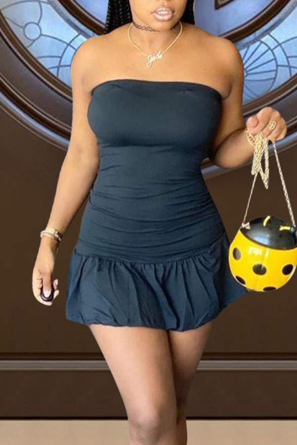 Black Sweet Solid Patchwork Flounce Strapless A Line Dresses
