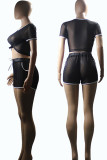 Pink Sexy Solid Patchwork O Neck Short Sleeve Two Pieces