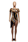 Coffee Fashion Casual Print Asymmetrical O Neck Short Sleeve Dress