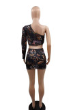 Multicolor Fashion Sexy Print Backless One Shoulder Long Sleeve Two Pieces
