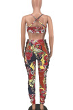 Red Sexy Print Tassel Patchwork Spaghetti Strap Sleeveless Two Pieces