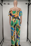 Green Fashion Casual Print Backless Off the Shoulder Regular Jumpsuits