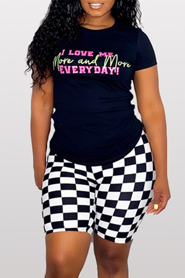 Black Fashion Casual Print Basic O Neck Short Sleeve Two Pieces
