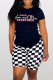 Black Fashion Casual Print Basic O Neck Short Sleeve Two Pieces