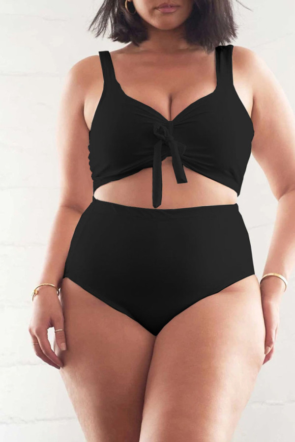 Black Casual Solid Frenulum Fold Swimwears