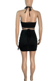 Red Sexy Solid Hollowed Out Draw String Frenulum Halter Sleeveless Two Pieces