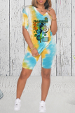 Pink Casual Patchwork Tie-dye V Neck Short Sleeve Two Pieces