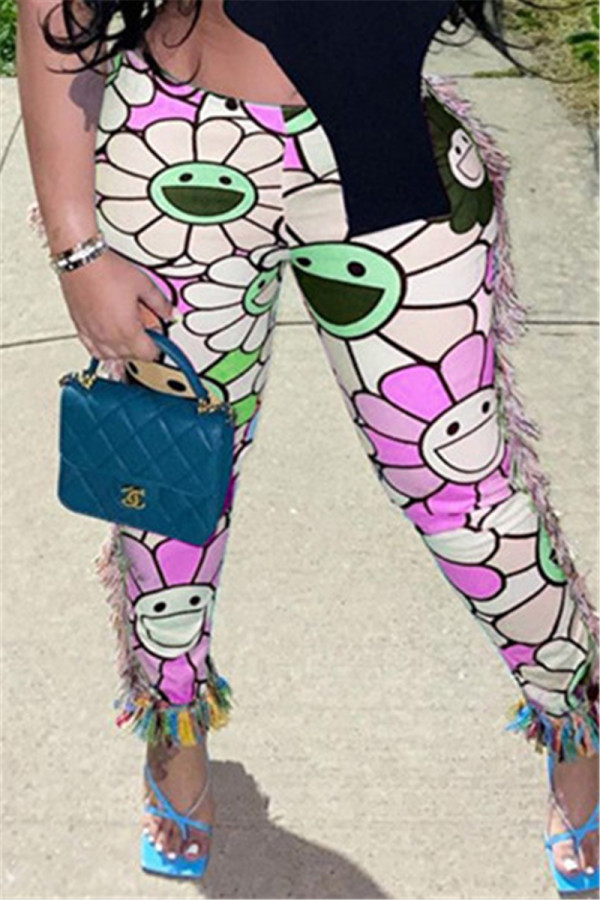 Pink Fashion Casual Print Tassel Regular Mid Waist Pencil Patchwork Bottoms