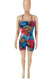 Blue Pink Sexy Print Patchwork Spaghetti Strap Skinny Rompers
