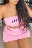 Pink Fashion Sexy Letter Print Bandage Backless Strapless Sleeveless Three-piece Set