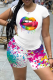 White Casual Print Split Joint O Neck Short Sleeve Two Pieces