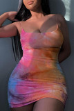 Pink Sexy Print Ripped Hollowed Out Patchwork Backless Spaghetti Strap Sling Dress Dresses