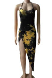 Cyan Sexy Print Patchwork High Opening Halter Pencil Skirt Dresses