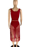 Red Sexy Solid Tassel Patchwork U Neck Sleeveless Two Pieces