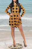 Yellow Casual Print Patchwork O Neck Straight Dresses