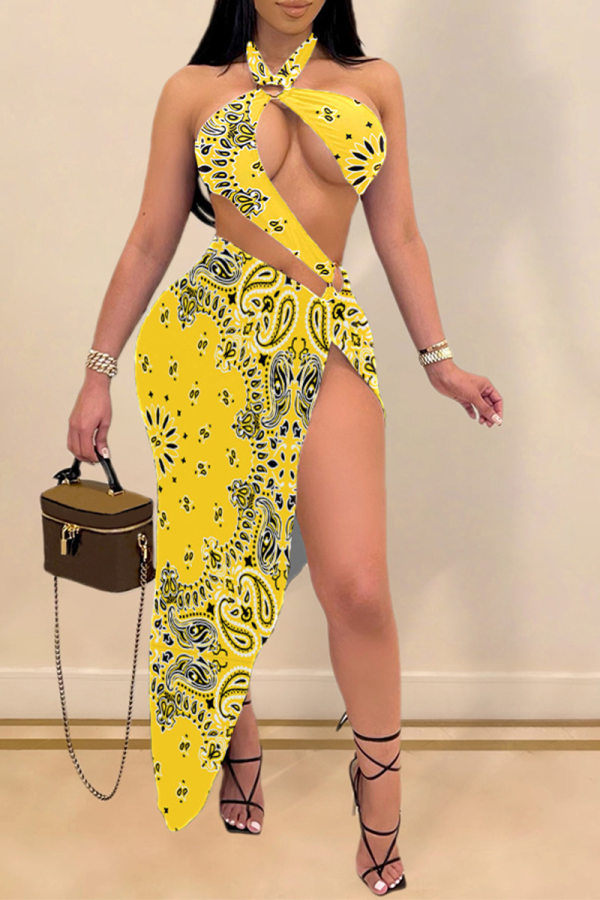 Yellow Sexy Print Hollowed Out Patchwork Swimwears