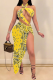 Yellow Sexy Print Hollowed Out Patchwork Swimwears