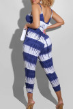 Blue Casual Print Patchwork Draw String Spaghetti Strap Skinny Jumpsuits
