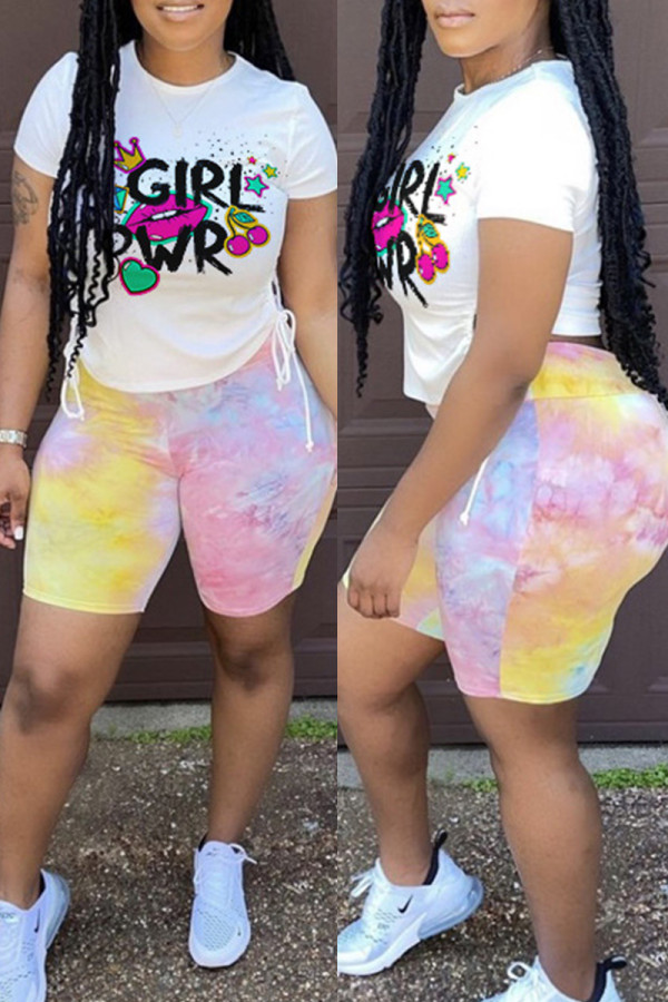 White Fashion Casual Print Strap Design O Neck Short Sleeve Two Pieces