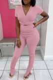 Pink Fashion Casual Solid Bandage Slit V Neck Short Sleeve Two Pieces