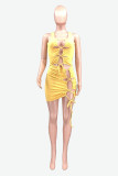 Yellow Fashion Sexy Solid Hollowed Out Strap Design U Neck Vest Dress Dresses