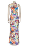 Multicolor Fashion Sexy Butterfly Print Hollowed Out O Neck Sleeveless Dress
