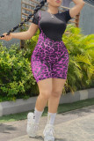 Yellow Fashion Casual Print Leopard Basic O Neck Short Sleeve Two Pieces