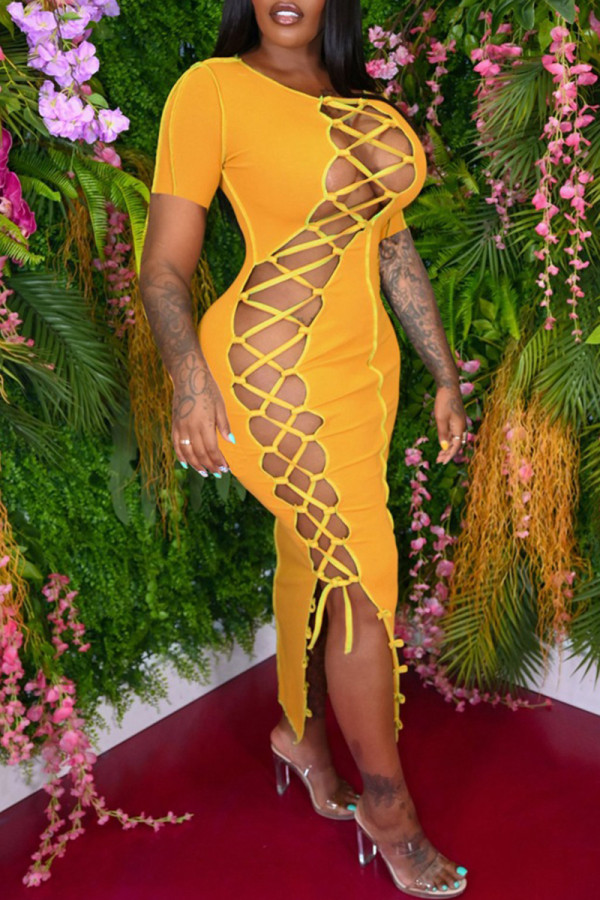 Orange Fashion Sexy Solid Bandage Hollowed Out O Neck Short Sleeve Dress