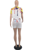 White Casual Print Asymmetrical O Neck Short Sleeve Two Pieces