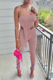 Pink Fashion Sexy Solid Backless Asymmetrical Strapless Sleeveless Two Pieces