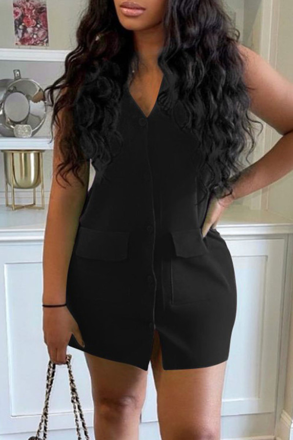 Black Fashion Casual Solid Buttons V Neck Sleeveless Dress