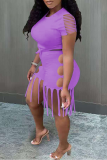 Purple Casual Solid Hollowed Out O Neck Short Sleeve Two Pieces