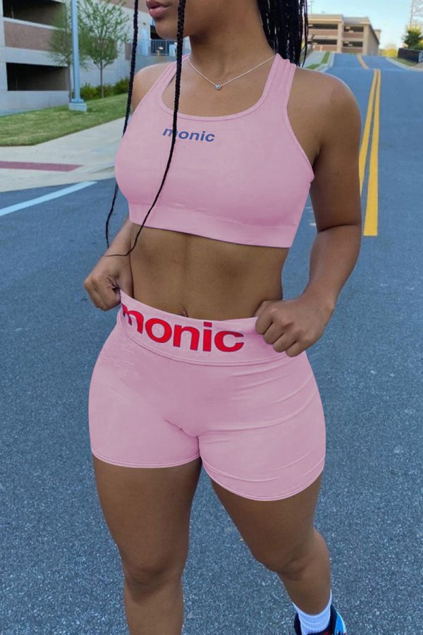 Pink Sportswear Print Patchwork Square Collar Sleeveless Two Pieces