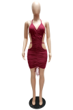 Pink Sexy Solid Hollowed Out Halter Pencil Skirt Dresses