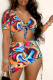 Red Sexy Print Patchwork V Neck Short Sleeve Two Pieces